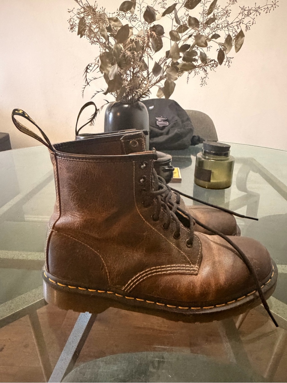 Dr. Martens Brown Leather 6-Eye Lace-Up Boots with Yellow Stitching worn once.